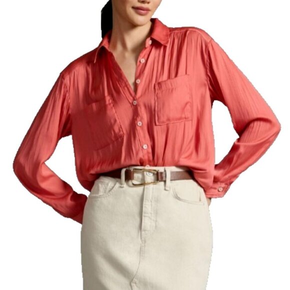 Anthropologie Tops - Anthropologie Relaxed Top Button Up Shirt Women Size XL Shiny Rose